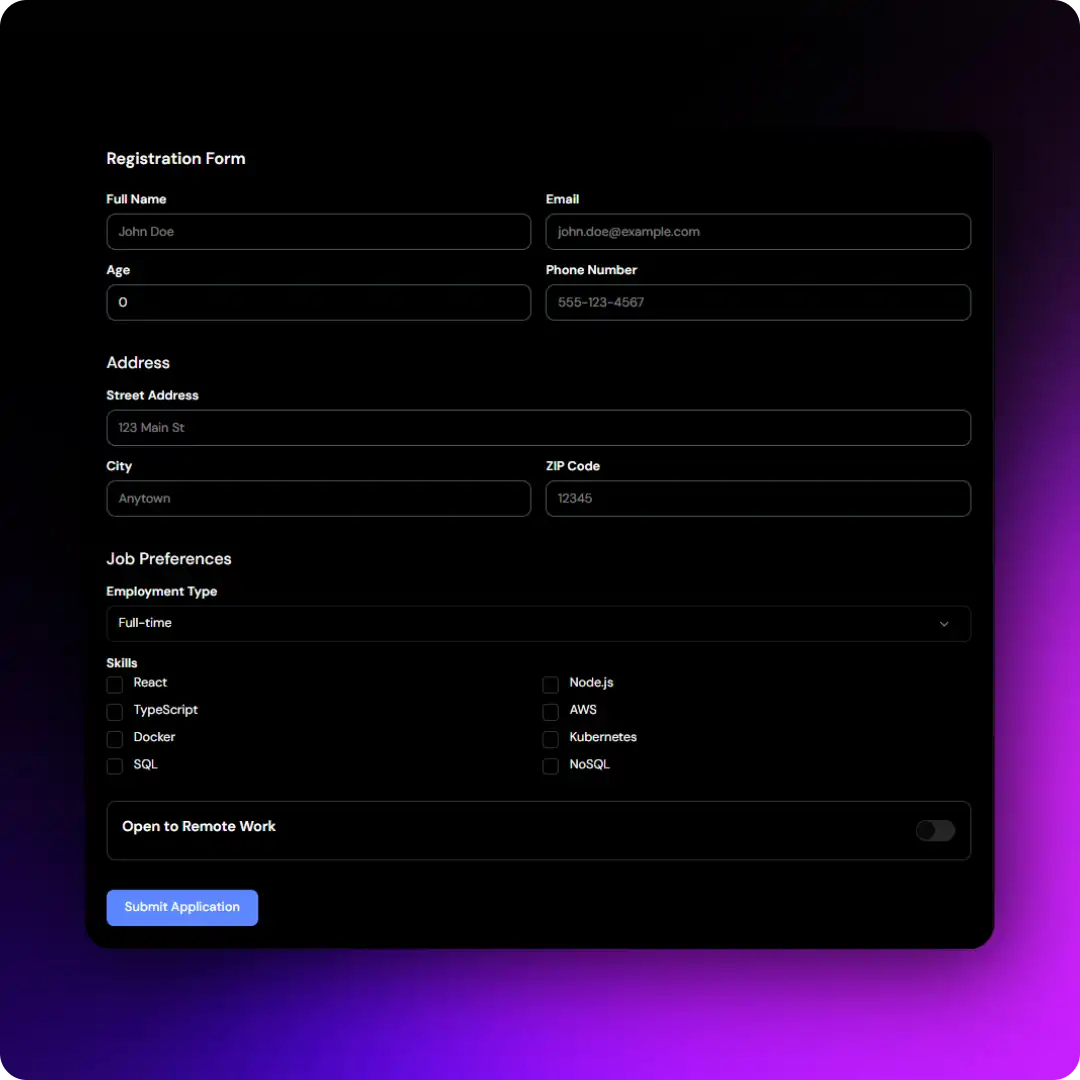Job Registration Shadcn Form