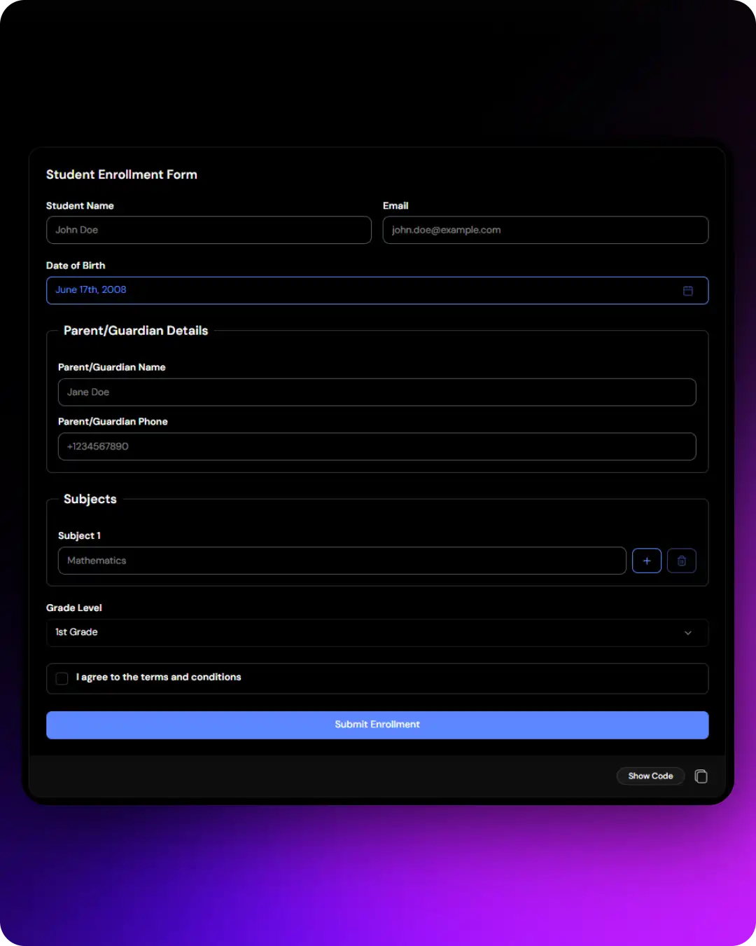 Student Enrollment Shadcn Form