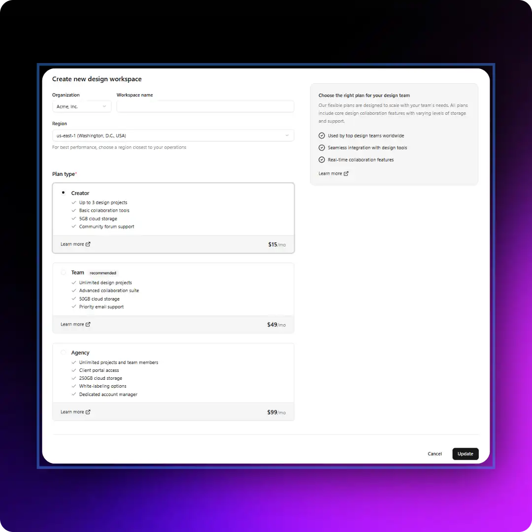 Shadcn Form with Pricing Plan Selection