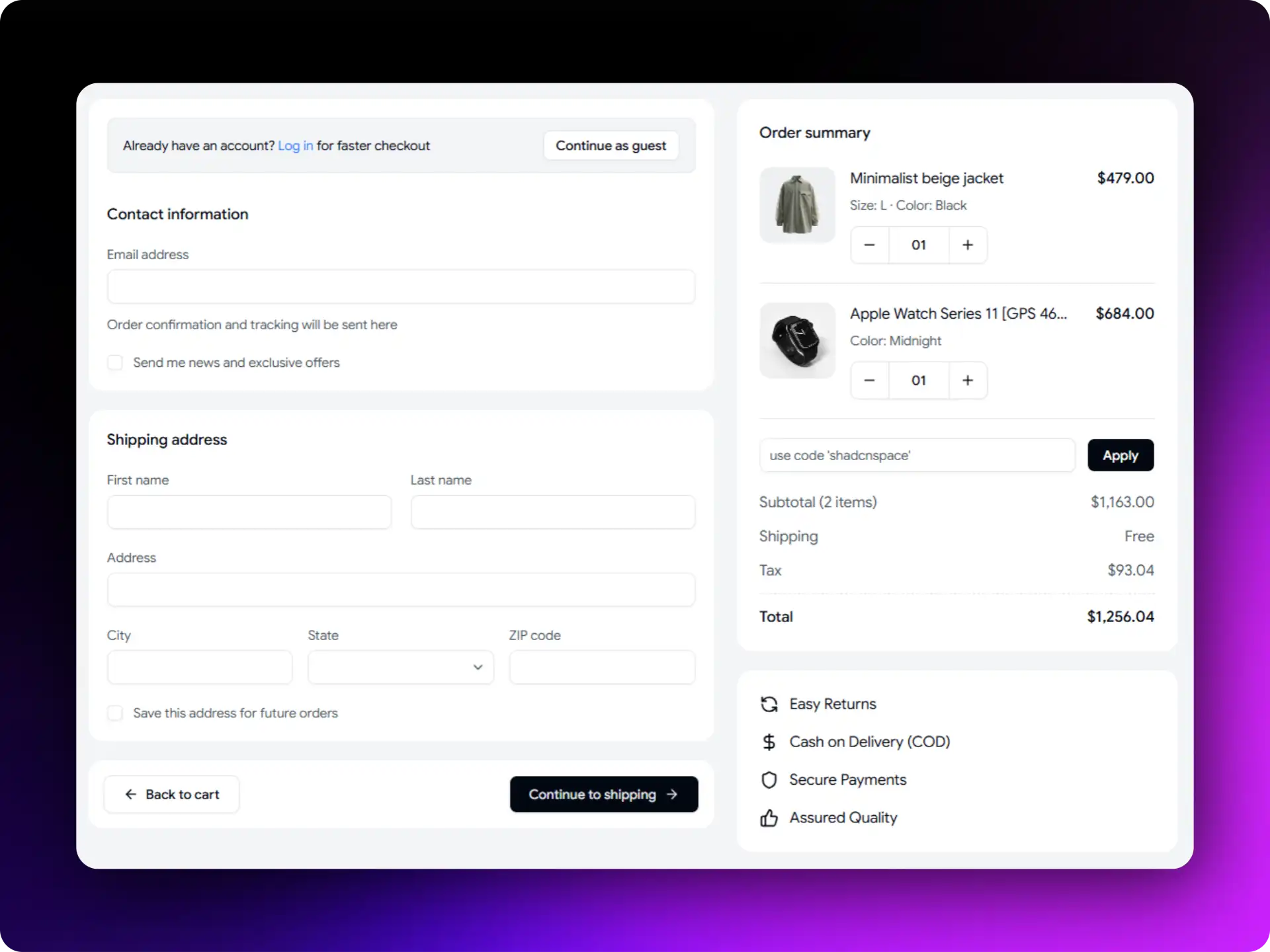 Order Summary Shadcn Form