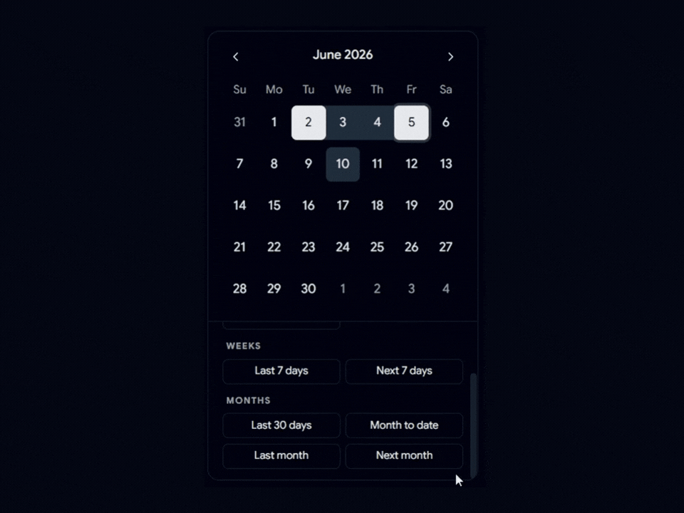 Shadcn Calendar with Range Selection