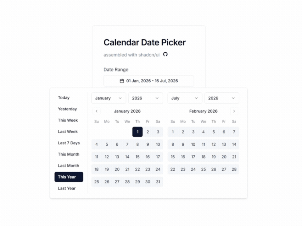 Date Range & Single Date Selection Calendar